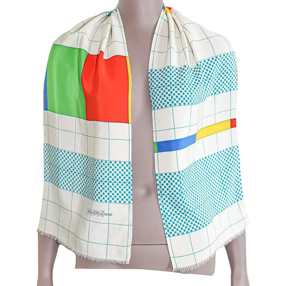 Saks Fifth Avenue Geometric Colorful Silk Scarf Lightweight Travel‎ Fringe Shawl